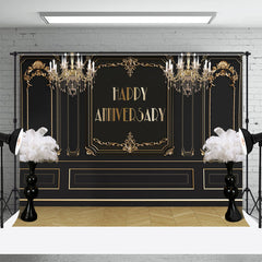 Aperturee - Gold Pattern Black Palace Wall Anniversary Backdrop