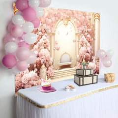 Aperturee - Gold Pink Flower Palace Chair Girl Birthday Backdrop