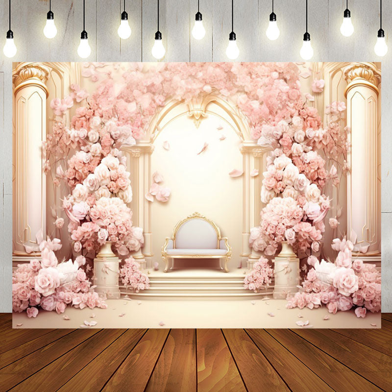 Aperturee - Gold Pink Flower Palace Chair Girl Birthday Backdrop