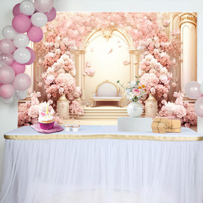 Aperturee - Gold Pink Flower Palace Chair Girl Birthday Backdrop