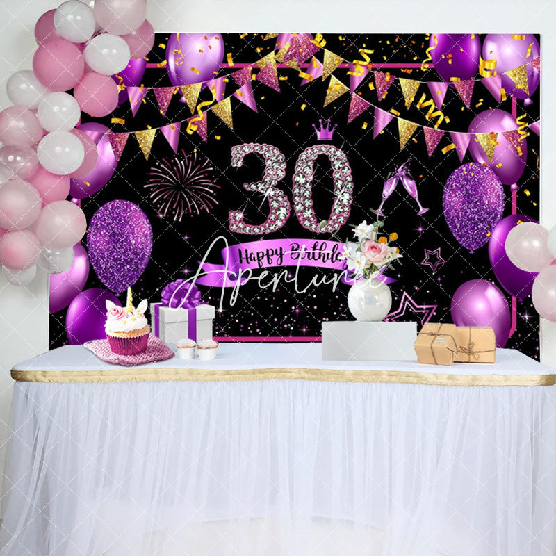 Aperturee - Gold Purple Balloon Glitter 30th Birthday Backdrop