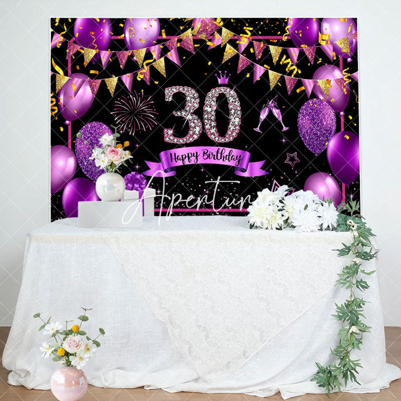 Aperturee - Gold Purple Balloon Glitter 30th Birthday Backdrop