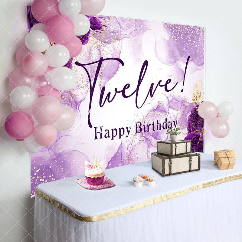 Aperturee - Gold Purple Floral Graceful 12th Birthday Backdrop