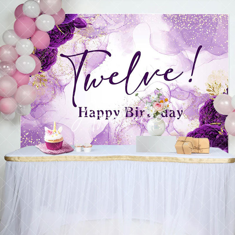 Aperturee - Gold Purple Floral Graceful 12th Birthday Backdrop