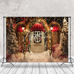 Aperturee - Gold Red Door Snow Trees Christmas Photo Backdrop