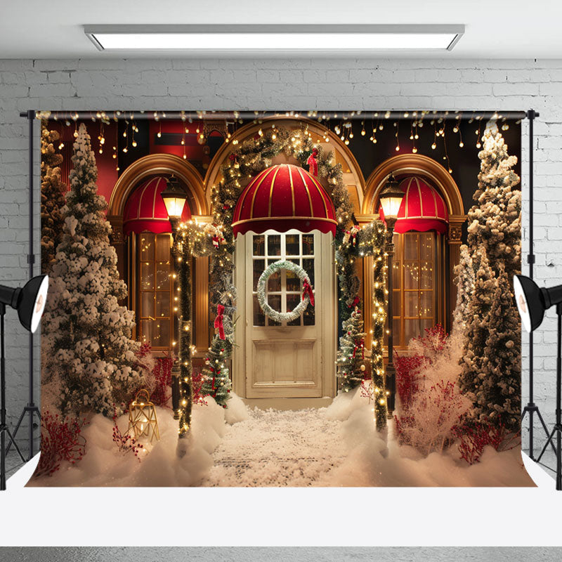 Aperturee - Gold Red Door Snow Trees Christmas Photo Backdrop