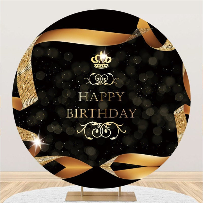 Aperturee Gold Ribbon And Black Happy Birthday Round Backdrop