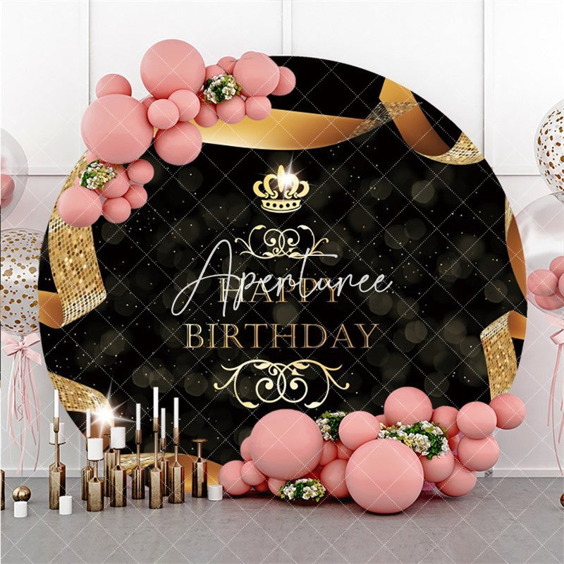 Aperturee Gold Ribbon And Black Happy Birthday Round Backdrop