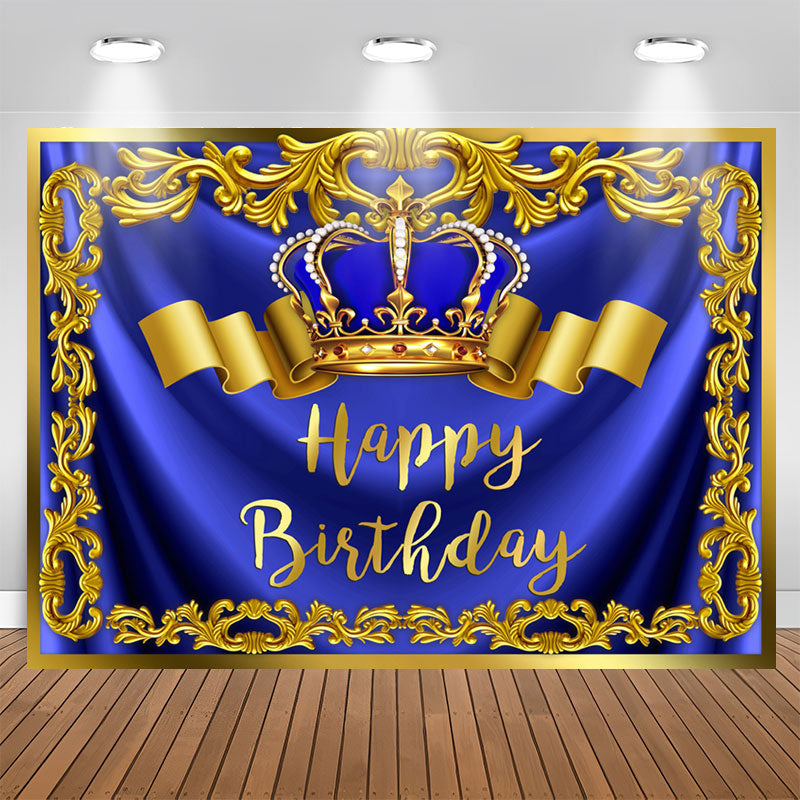 Aperturee - Gold Royal Bule Happy Birthday Crown Backdrop for Men