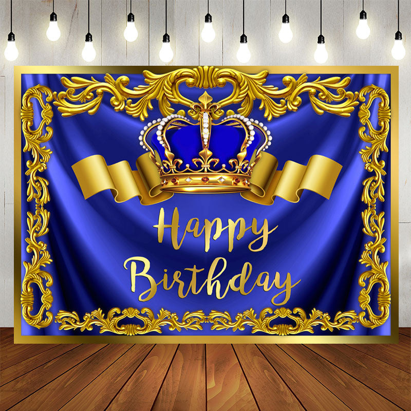 Aperturee - Gold Royal Bule Happy Birthday Crown Backdrop for Men