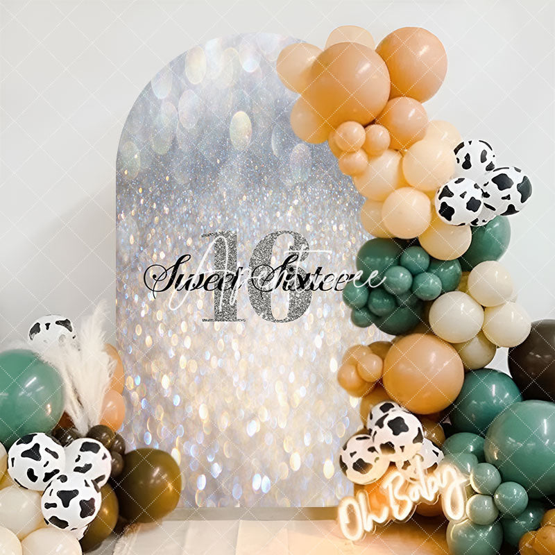 Aperturee - Gold Silver Bokeh Sweet 16th Birthday Arch Backdrop