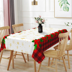 Aperturee - Gold Snowflake Red Floral Plaid Christmas Tablecloth