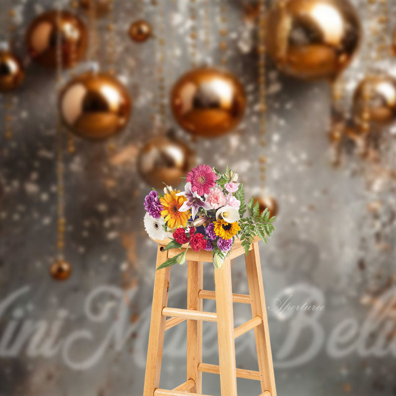 Aperturee - Gold String Balls Shining Grey Christmas Backdrop