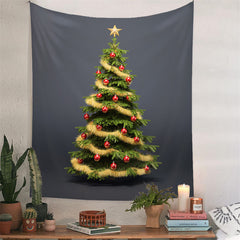 Aperturee - Gold Tassel Red Balls Tree Christmas Wall Tapestry