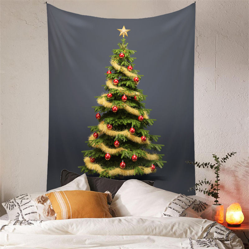 Aperturee - Gold Tassel Red Balls Tree Christmas Wall Tapestry