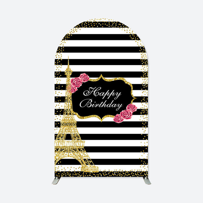 Aperturee - Gold Towel Black White Stripe Birthday Arch Backdrop