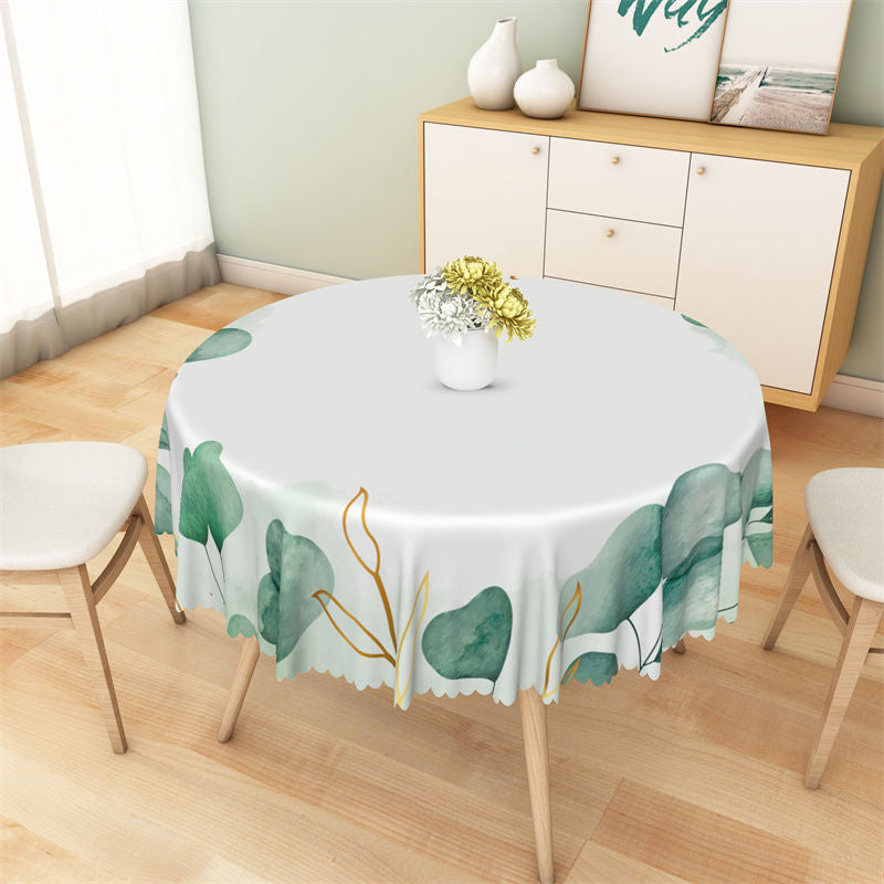 Aperturee - Gold Watercolor Dark Green Leaves Round Tablecloth