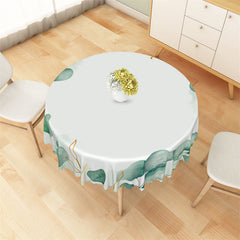 Aperturee - Gold Watercolor Dark Green Leaves Round Tablecloth