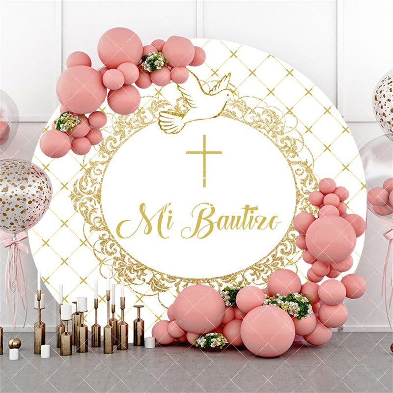 Aperturee Gold White Dove Bautizo Round Backdrops for Baby Shower