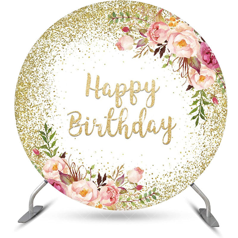 Aperturee - Gold White Glitter Floral Round Birthday Backdrop