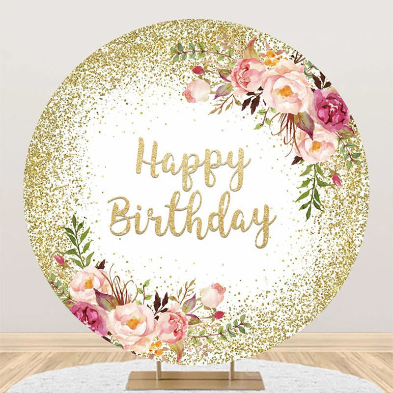 Aperturee - Gold White Glitter Floral Round Birthday Backdrop