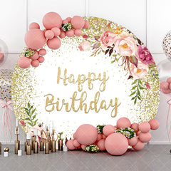 Aperturee - Gold White Glitter Floral Round Birthday Backdrop