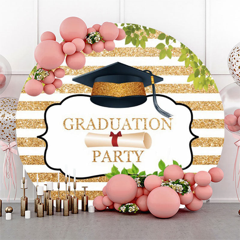 Aperturee Gold White Stripes Leaves Round Grad Party Backdrop