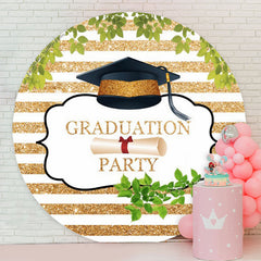 Aperturee - Gold White Stripes Leaves Round Grad Party Backdrop