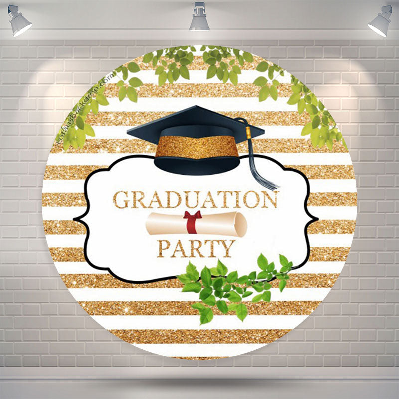 Aperturee - Gold White Stripes Leaves Round Grad Party Backdrop