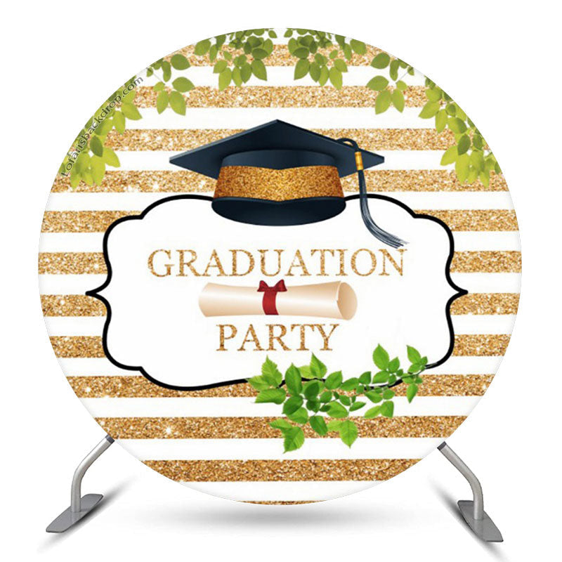 Aperturee Gold White Stripes Leaves Round Grad Party Backdrop