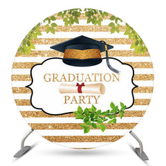 Aperturee Gold White Stripes Leaves Round Grad Party Backdrop