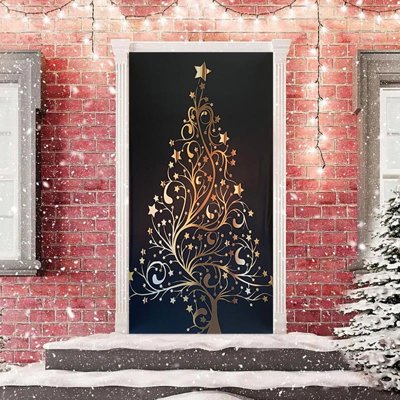 Aperturee - Gold Xmas Tree Black Simple Christmas Door Cover