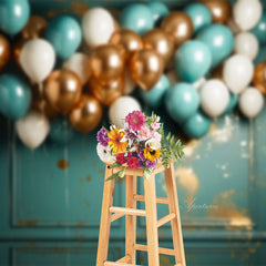 Aperturee - Golden And Blue Balloon Birthday Cake Smash Backdrop