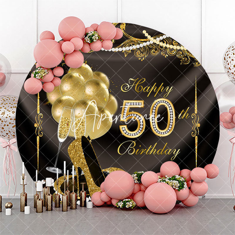 Aperturee Golden Balloons Round Happy 50th Birthday Backdrop