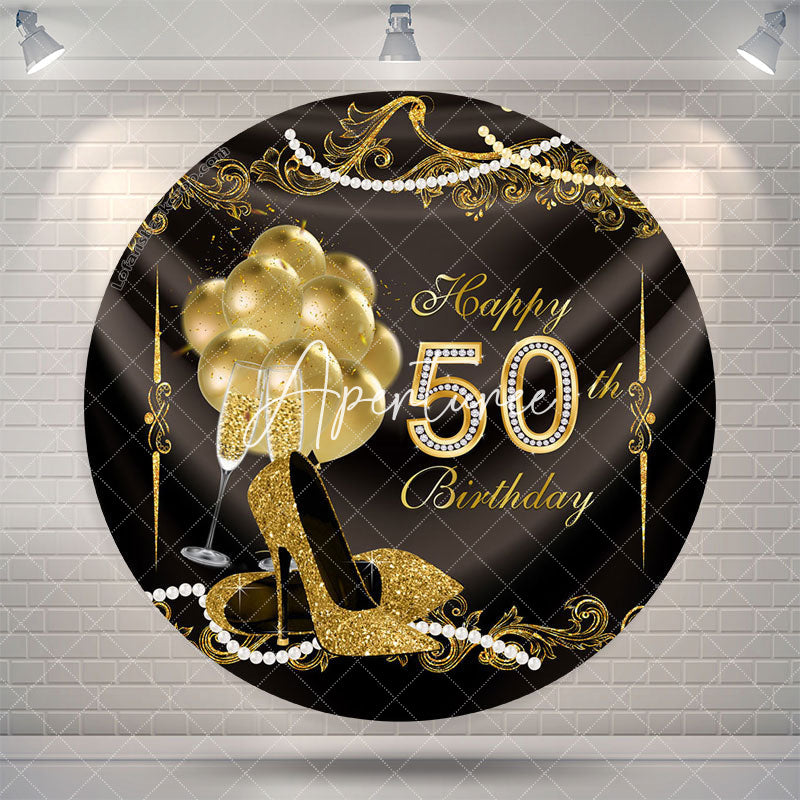 Aperturee Golden Balloons Round Happy 50th Birthday Backdrop