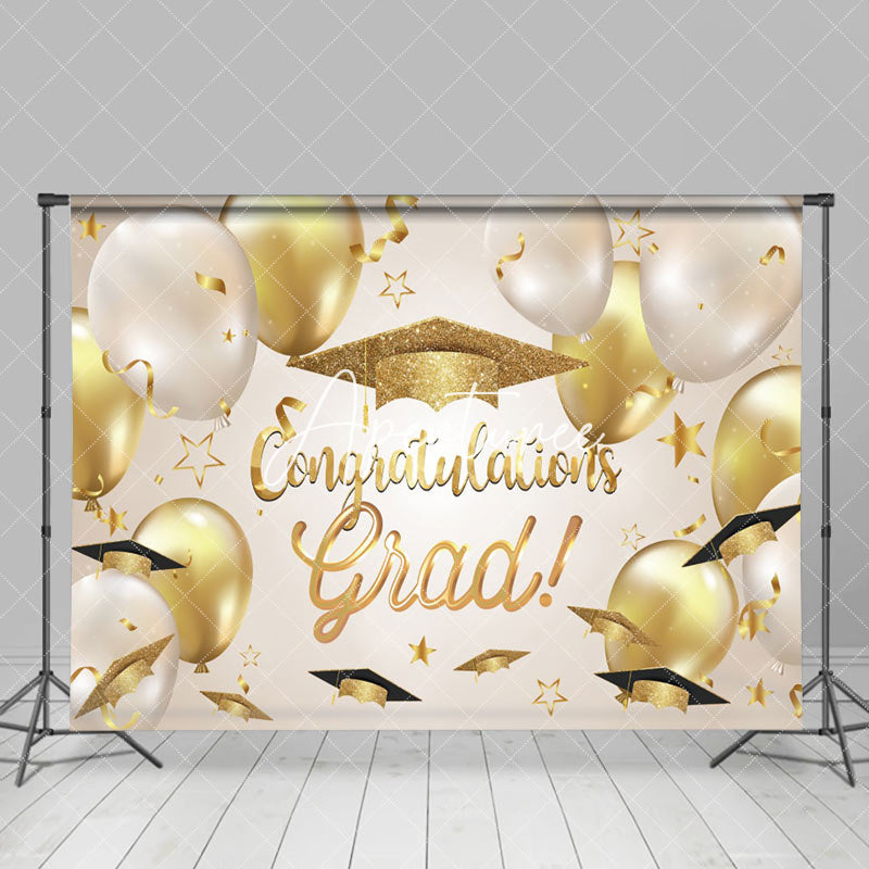 Aperturee - Golden Beige Balloon Hats Ribbon Graduation Backdrop