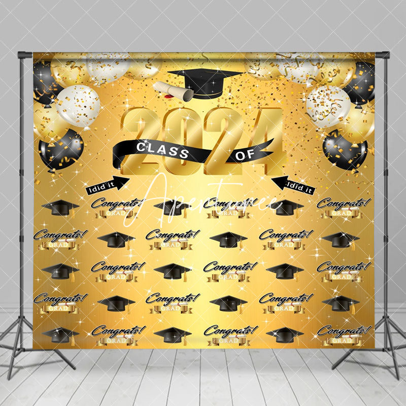 Aperturee - Golden Black Balloon Hat Repeat Graduation Backdrop