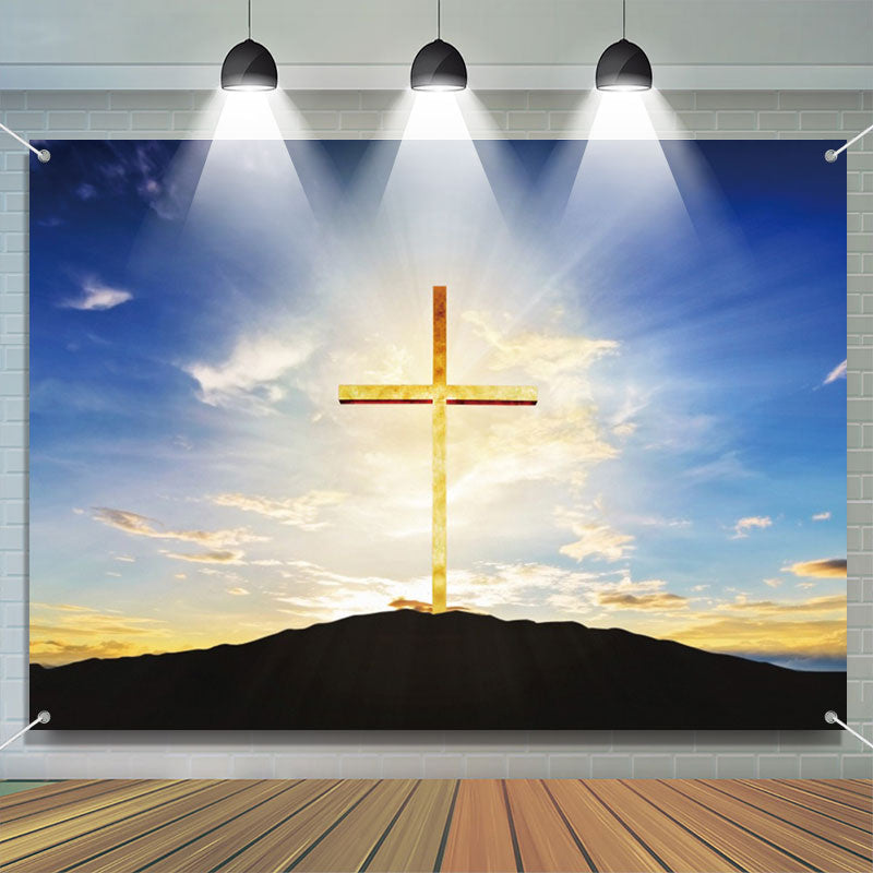 Aperturee - Golden Cross Mountain Sunrise Sky Baptism Backdrop