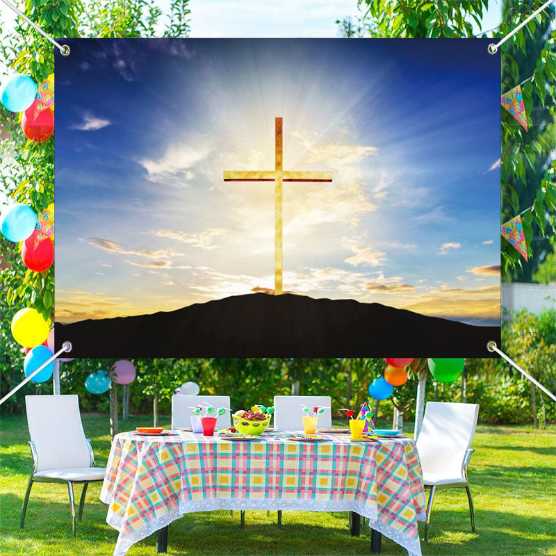 Aperturee - Golden Cross Mountain Sunrise Sky Baptism Backdrop