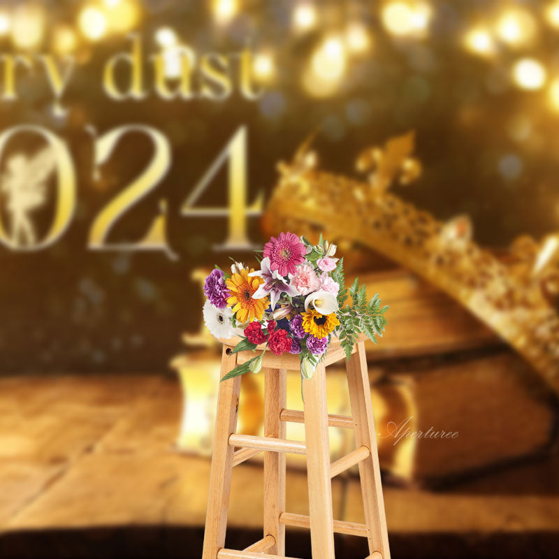 Aperturee - Golden Crown Books Fairy Bokeh 2024 New Year Backdrop