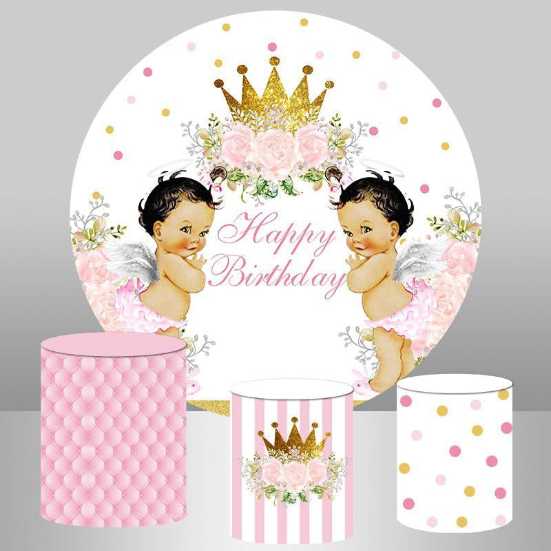 Aperturee Golden Crown Flower Round Twins Baby Shower Backdrop