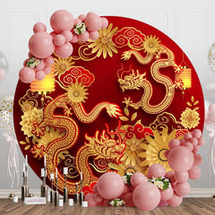 Aperturee - Golden Dragon Floral Round Chinese New Year Backdrop