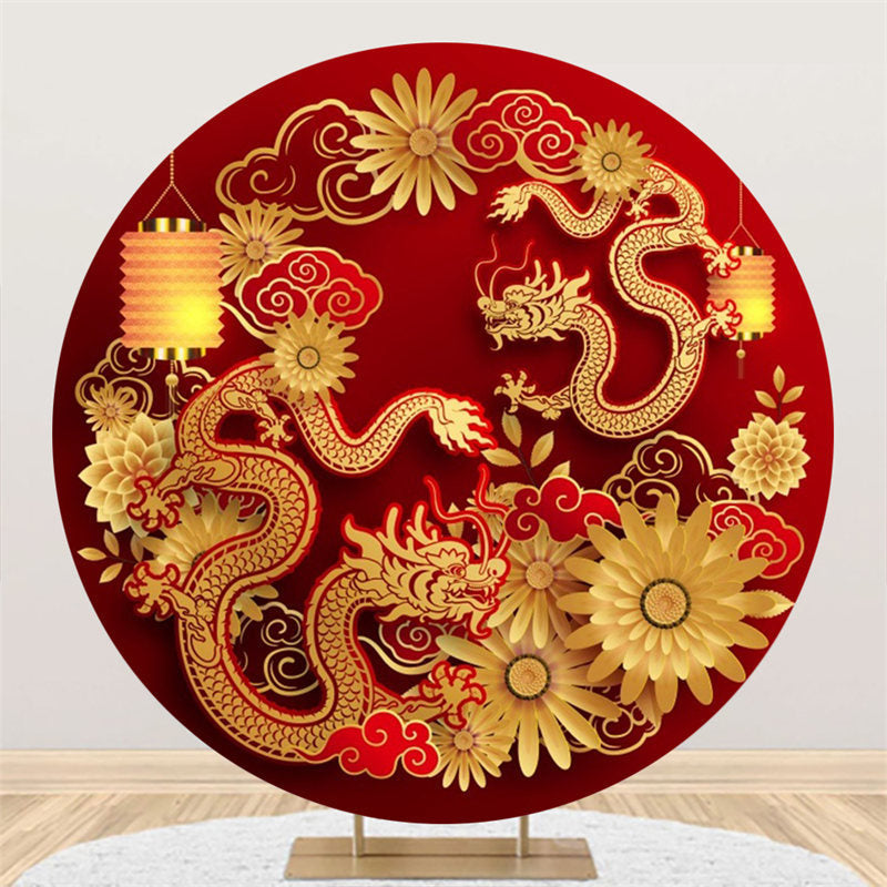 Aperturee - Golden Dragon Floral Round Chinese New Year Backdrop