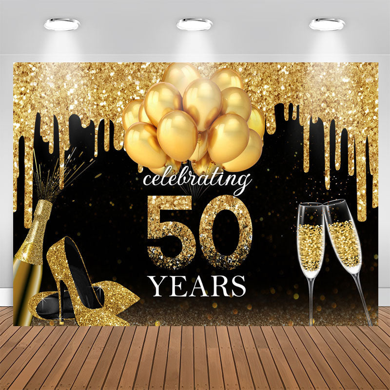 Aperturee - Golden Glitter Balloon High Heel 50Th Birthday Backdrop