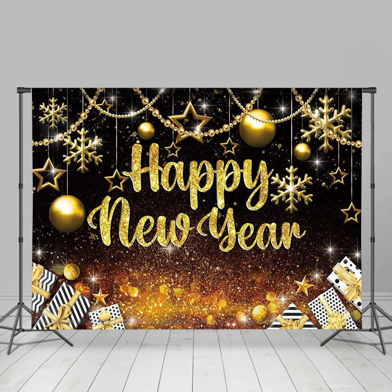 Aperturee - Golden Glitter Bauble Gifts Happy New Year Backdrop