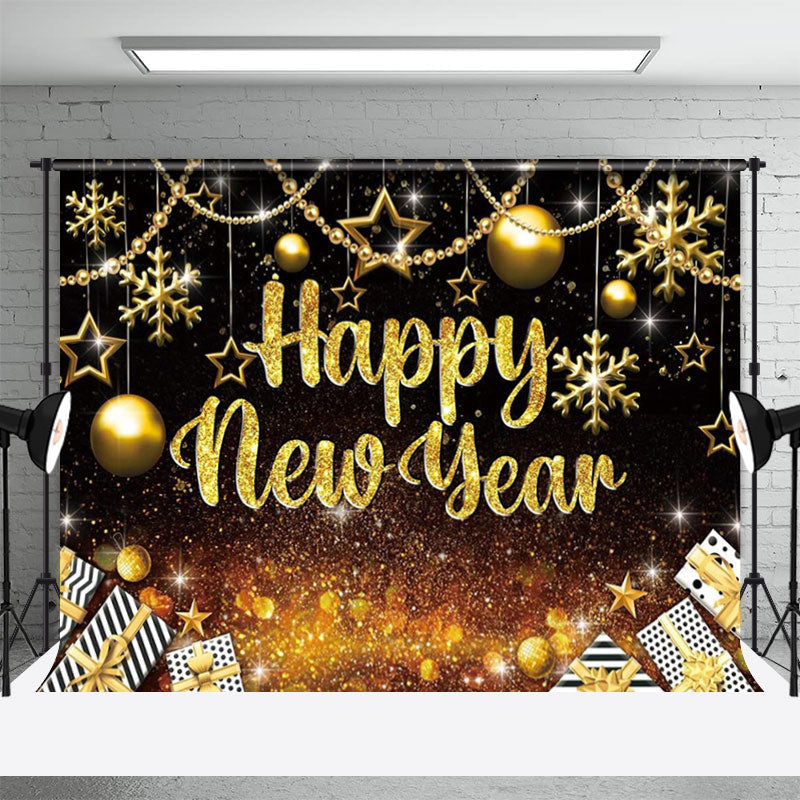 Aperturee - Golden Glitter Bauble Gifts Happy New Year Backdrop