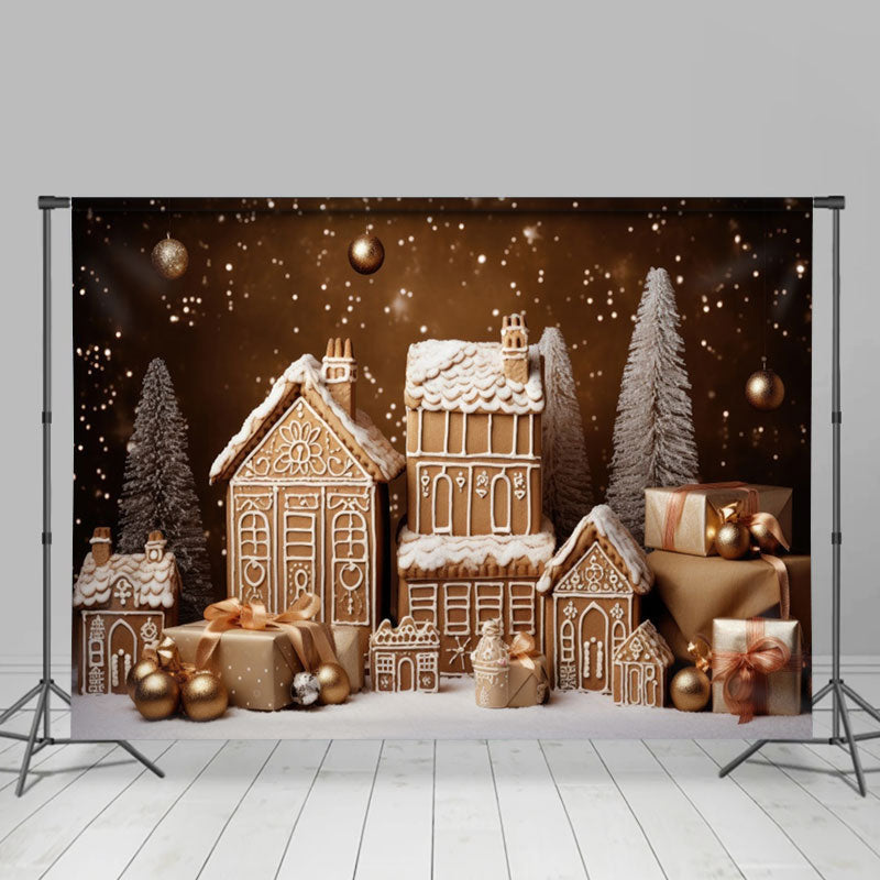 Aperturee - Golden Glitter Biscuit House Tree Christmas Backdrop