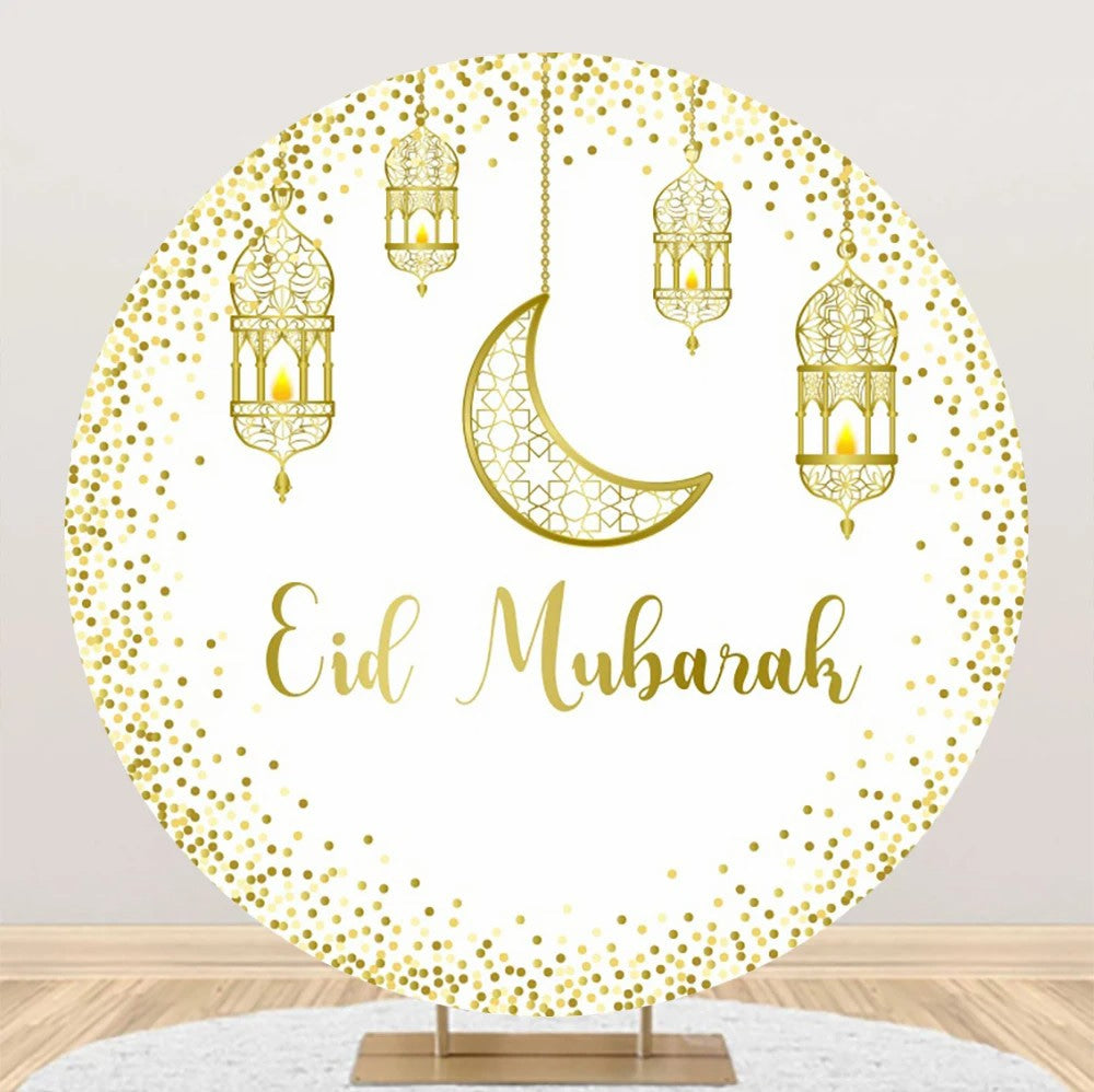 Aperturee - Golden Glitter Moon Lantern White Round Eid Backdrop