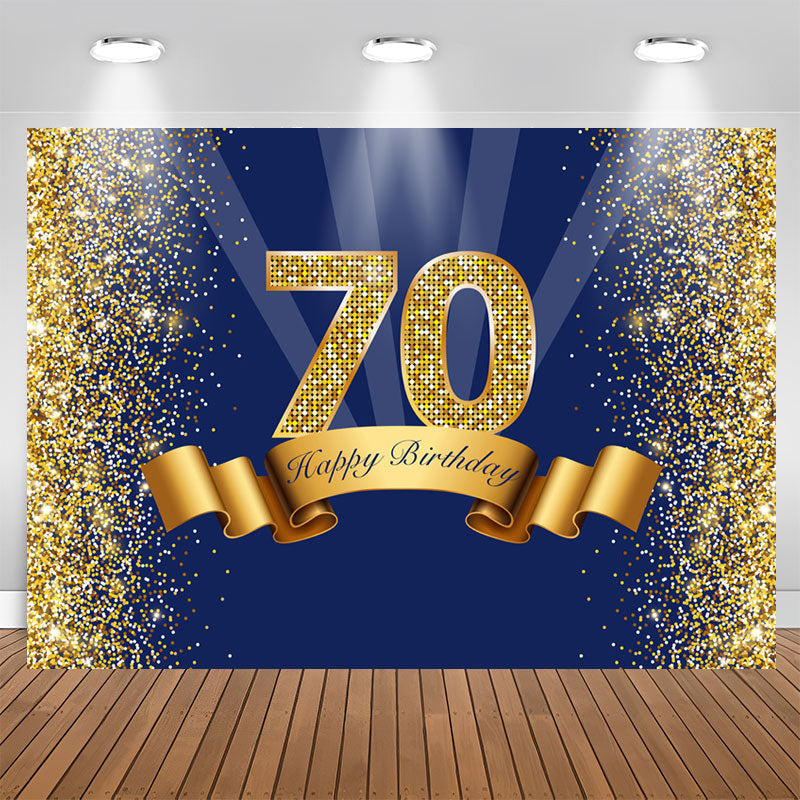 Aperturee - Golden Glitter Navy Blue Happy 70Th Birthday Backdrop