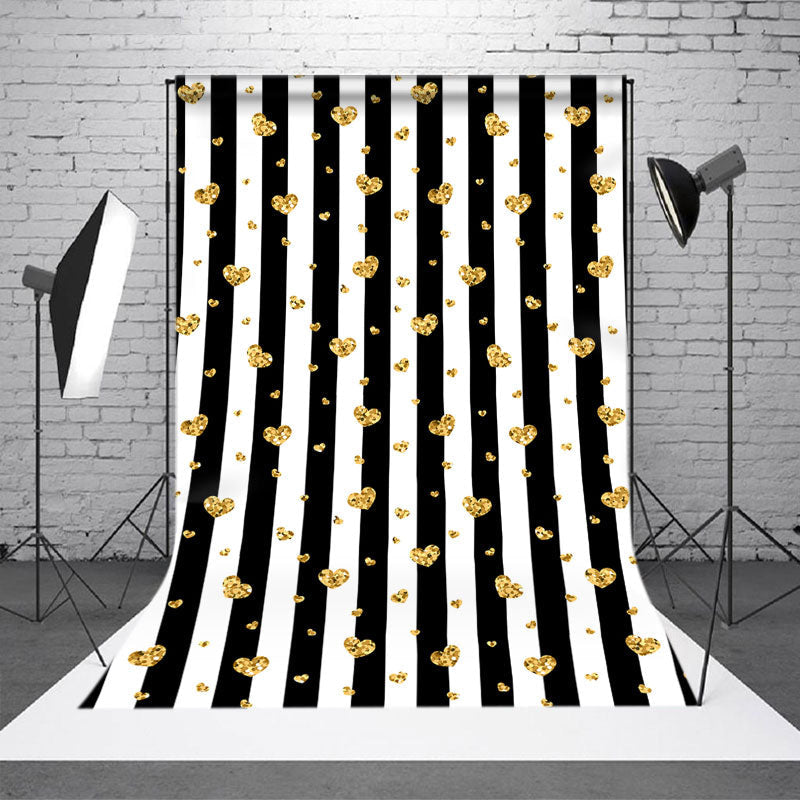 Aperturee - Golden Hearts Black Stripes Valentines Day Backdrop